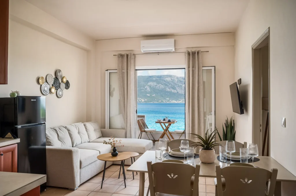 Living area with sea view balcony at Apovrado Stay Corfu