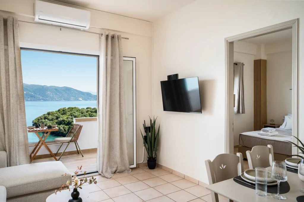 Apartment balcony entrance with sea view at Apovrado Stay Corfu