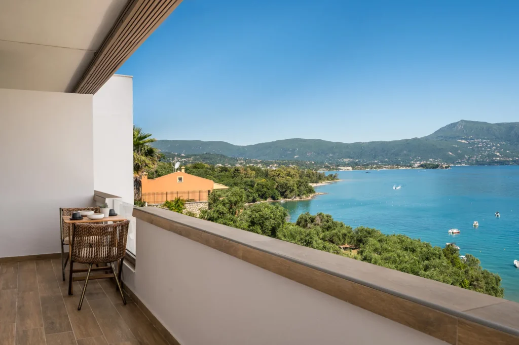 Private balcony with panoramic sea view at Apovrado Stay Corfu