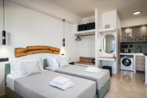 Twin beds with a natural wood headboard in a bright, modern hotel room.