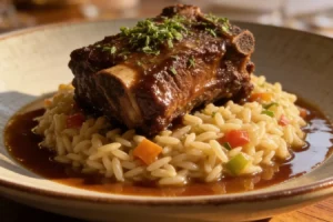 Beef short rib on a bed of risotto with diced carrots and peppers, topped with chopped herbs in a dark gravy sauce
